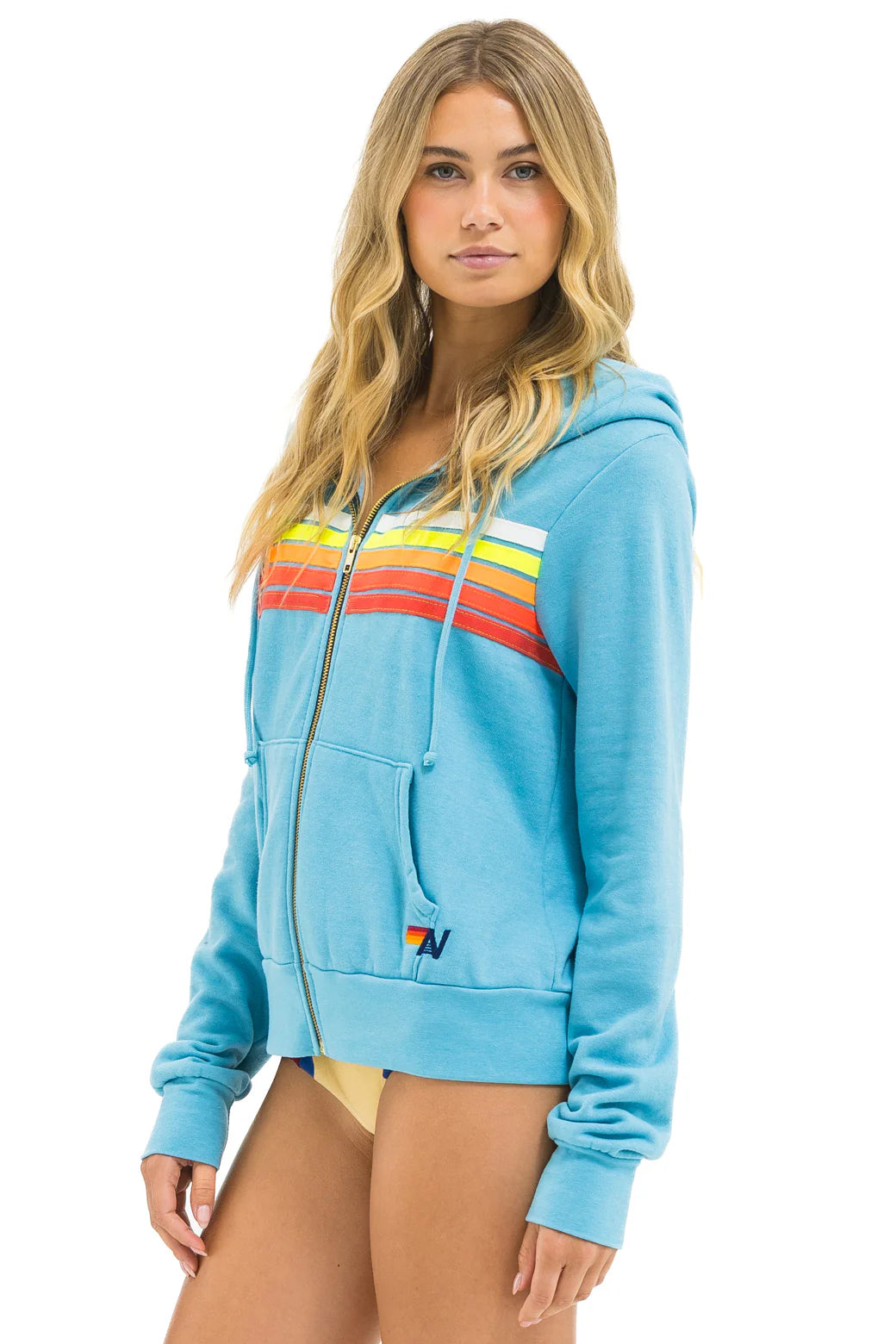 Aviator Nation 5 Stripe Zip Hoodie - Aqua/ White Neon