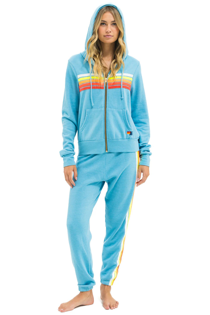 Aviator Nation 5 Stripe Zip Hoodie - Aqua/ White Neon