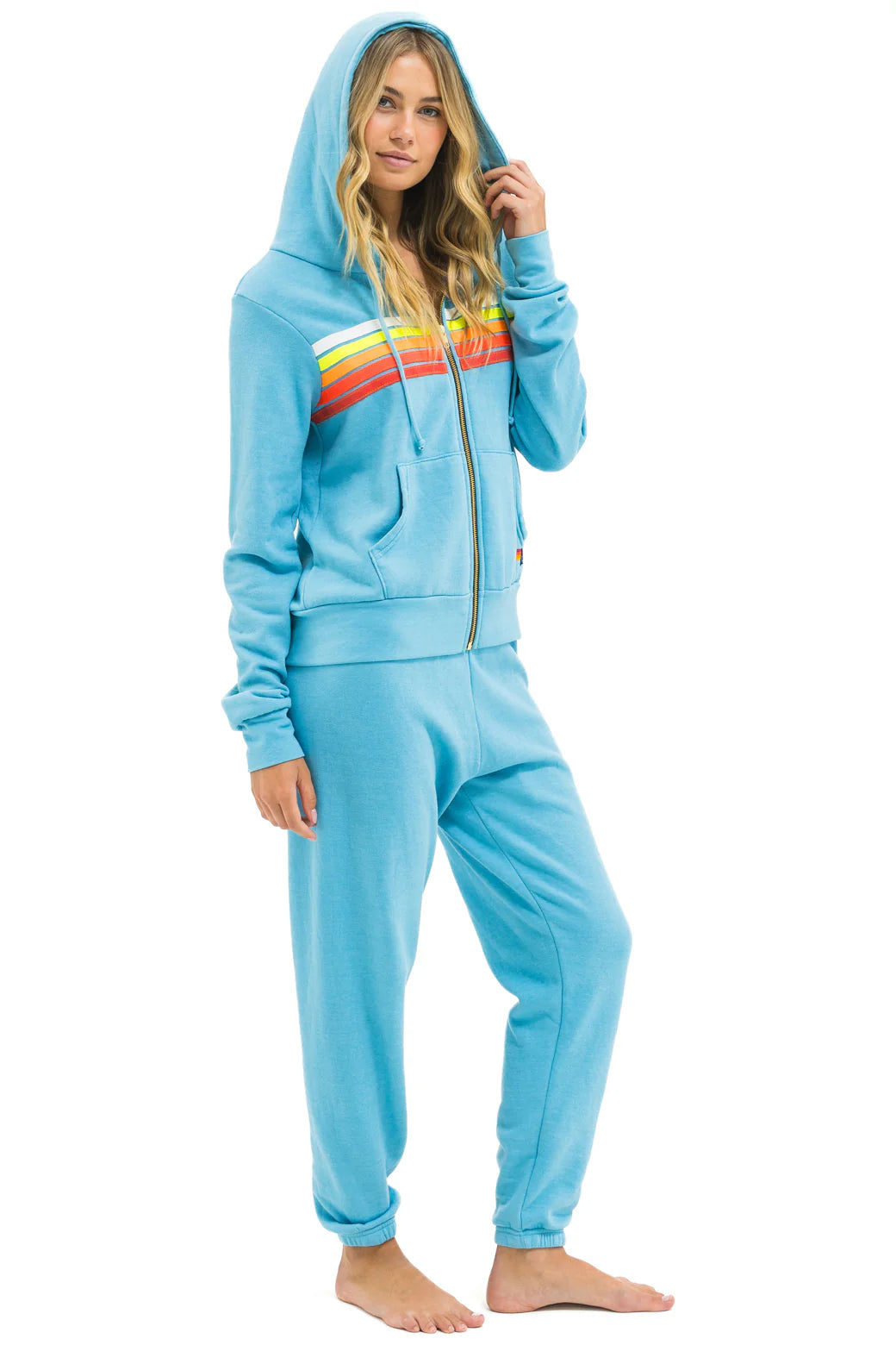 Aviator Nation 5 Stripe Zip Hoodie - Aqua/ White Neon