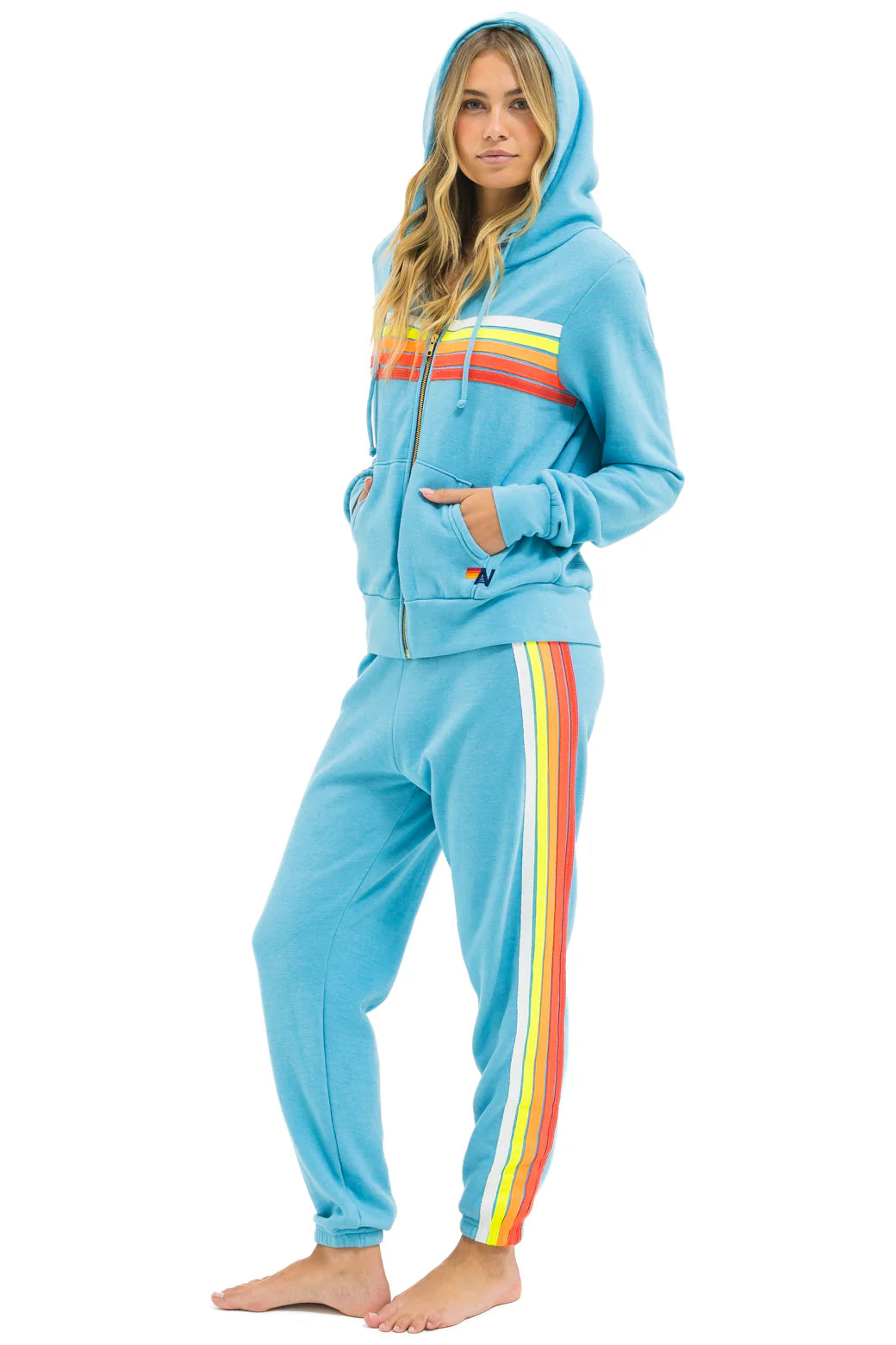 Aviator Nation 5 Stripe Zip Hoodie - Aqua/ White Neon