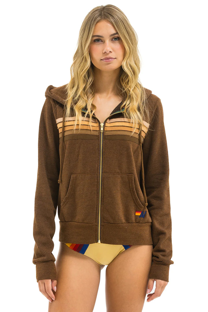 Aviator Nation 5 Stripe Zip Hoodie - Chocolate/ Espresso