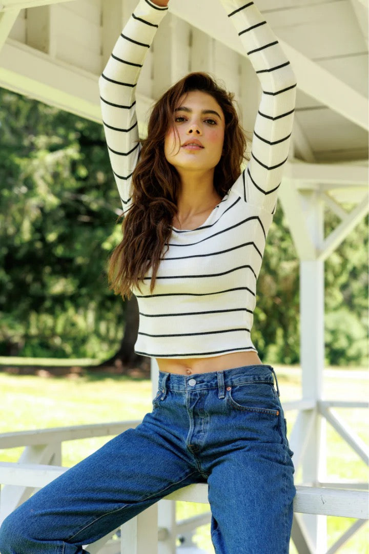 Perfect White Tee Penelope Scoop Neck - Natural Charcoal Stripe