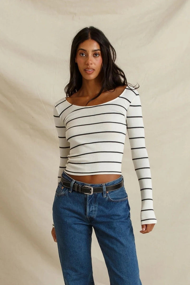 Perfect White Tee Penelope Scoop Neck - Natural Charcoal Stripe