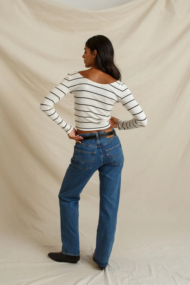 Perfect White Tee Penelope Scoop Neck - Natural Charcoal Stripe