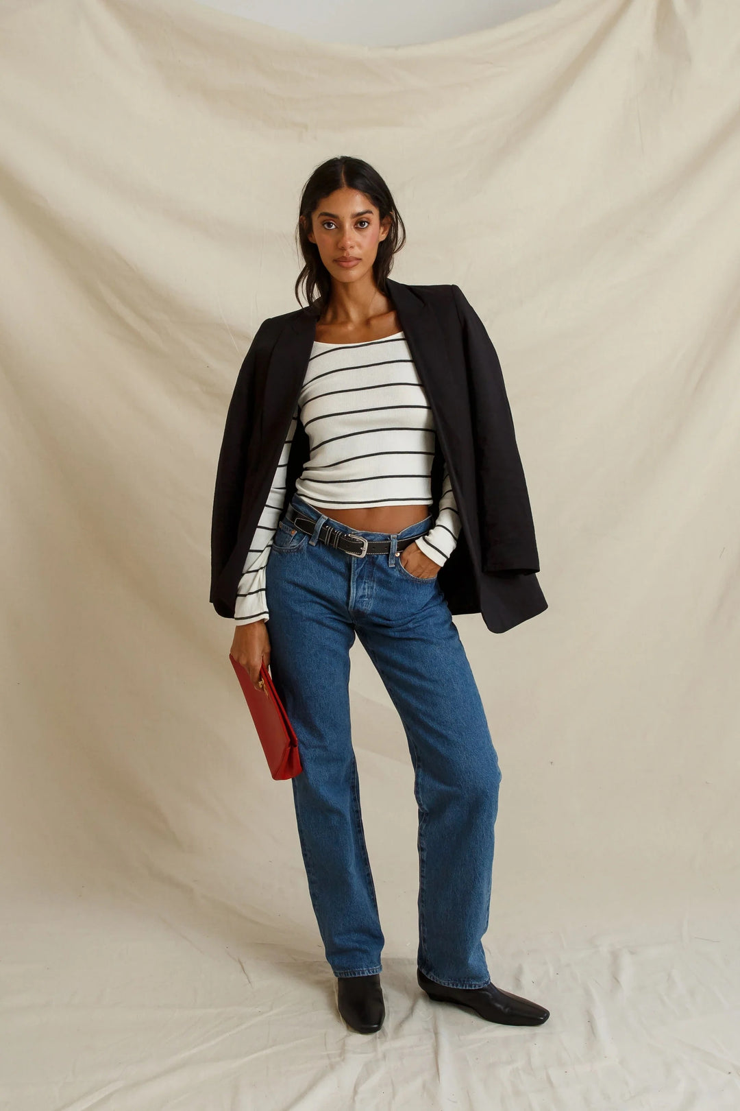Perfect White Tee Penelope Scoop Neck - Natural Charcoal Stripe