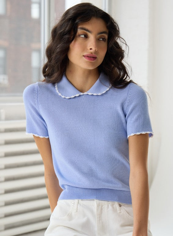 Autumn Cashmere S/S Collared Top W/ Contrast Crochet Edges Sweater