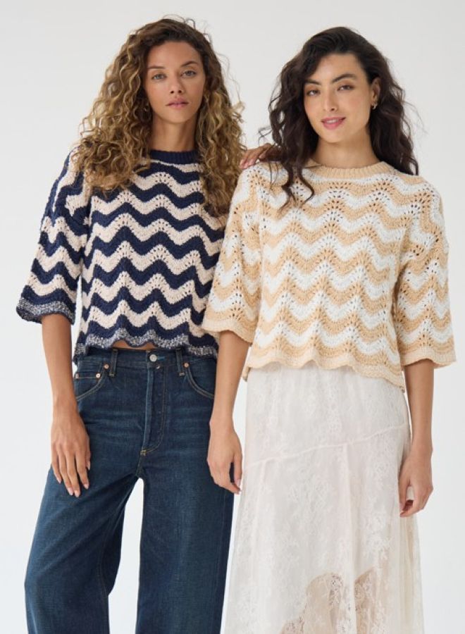 Autumn Cashmere Zig Zag Stitch Crew W/ Scallop Edge Sweater
