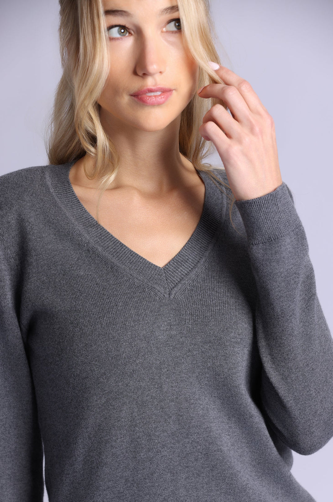 Minnie Rose Cotton Cashmere Power Shoulder V Sweater