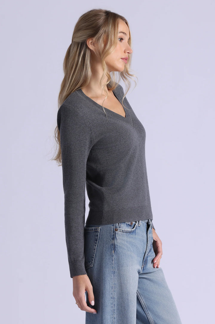 Minnie Rose Cotton Cashmere Power Shoulder V Sweater