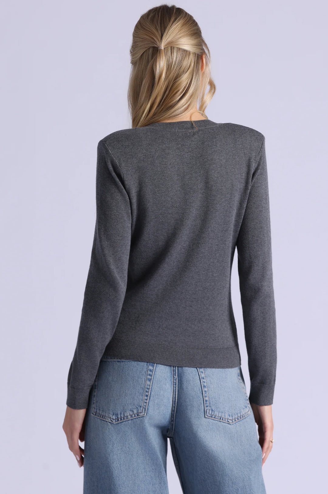 Minnie Rose Cotton Cashmere Power Shoulder V Sweater