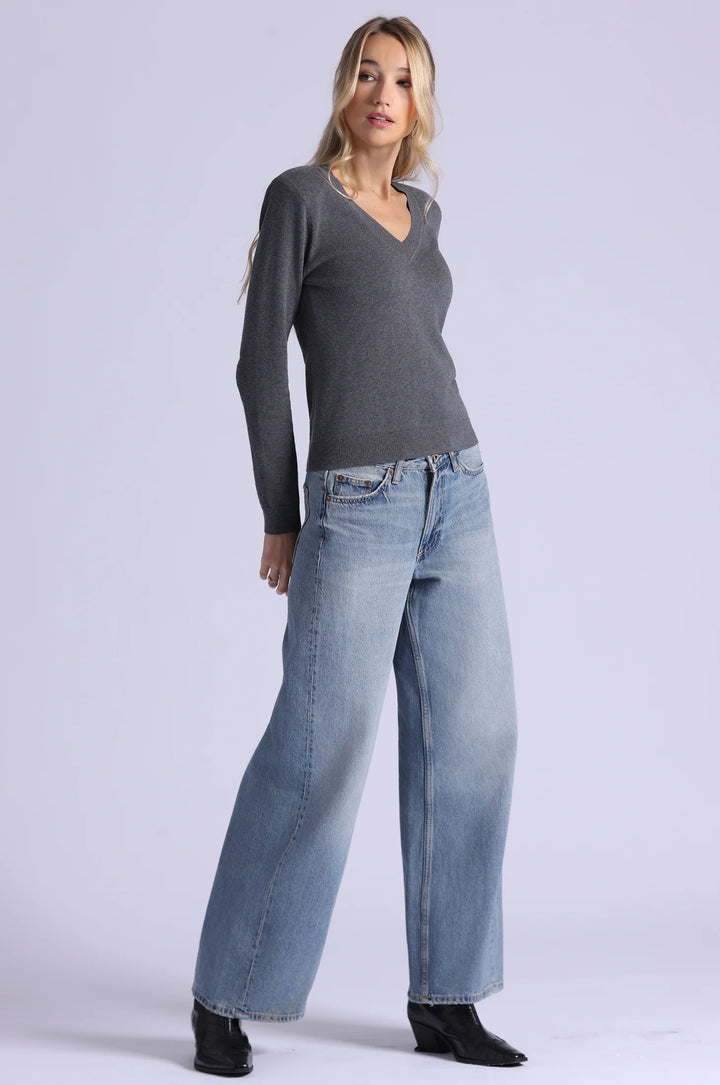 Minnie Rose Cotton Cashmere Power Shoulder V Sweater
