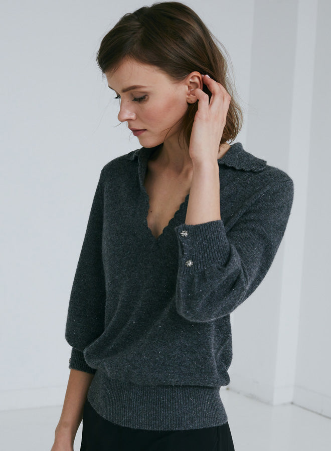 Autumn Cashmere Puff Sleeve Polo w/ Hand Crochet Details
