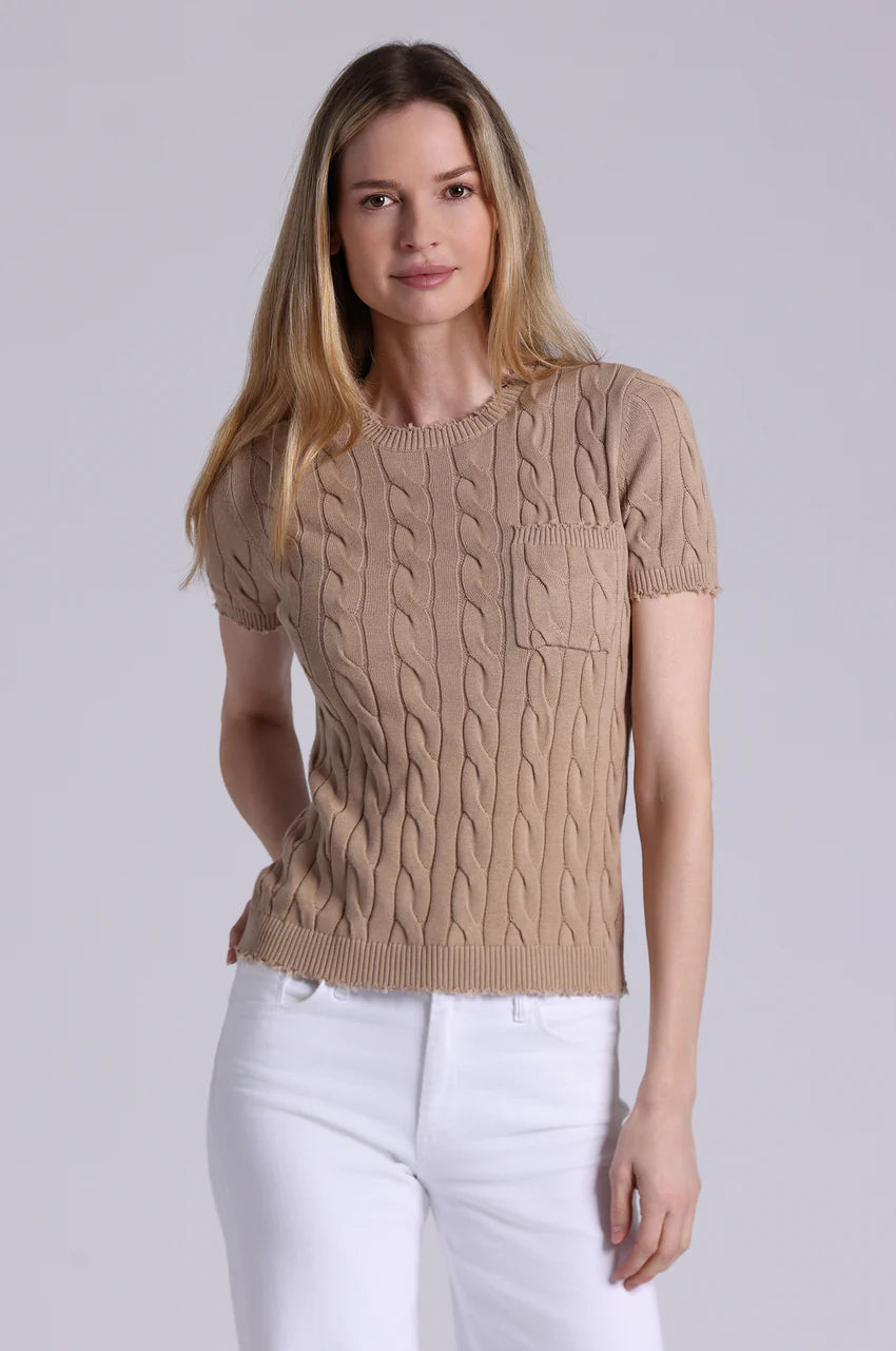 Minnie Rose Cotton Frayed Cable Tee with Pocket