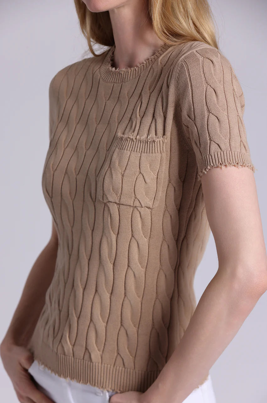 Minnie Rose Cotton Frayed Cable Tee with Pocket