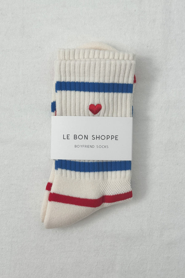 Le Bon Shoppe Embroidered Striped Boyfriend Socks - RED BLUE + HEART