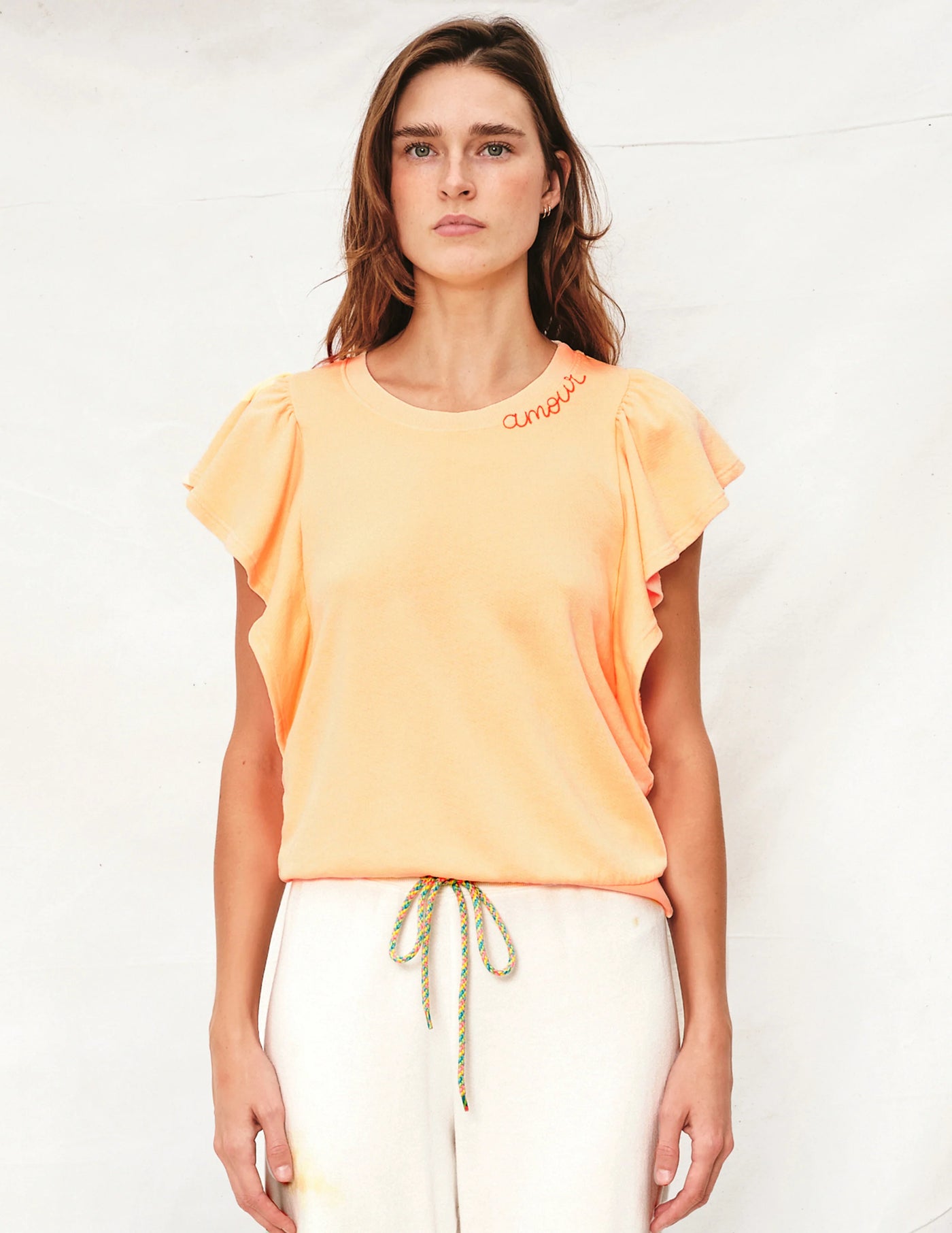 Sundry Amour Flounce Short Sleeve Shirt in Pigment Melon