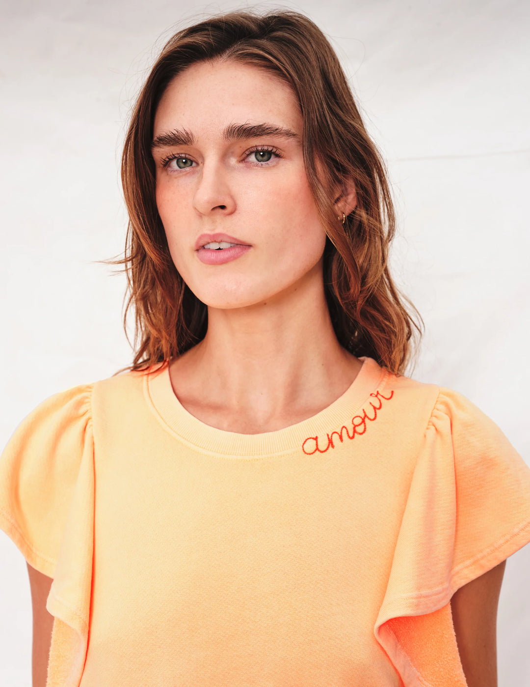 Sundry Amour Flounce Short Sleeve Shirt in Pigment Melon