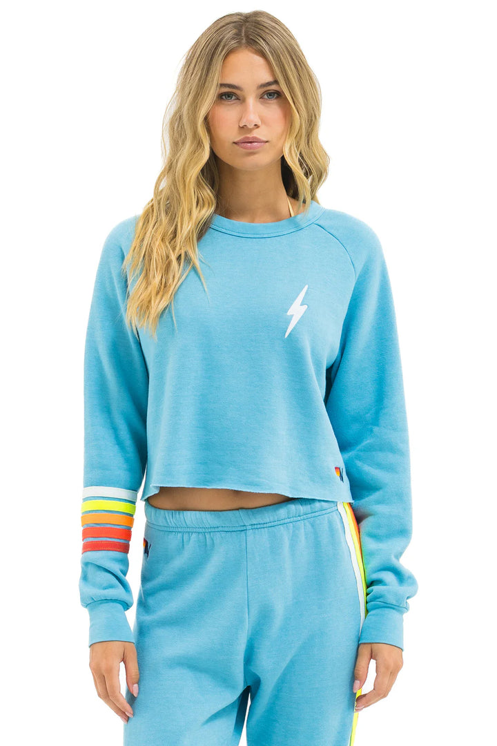 Aviator Nation Bolt Rugby Stitch Cropped Crew Sweatshirt -Aqua/ White Neon