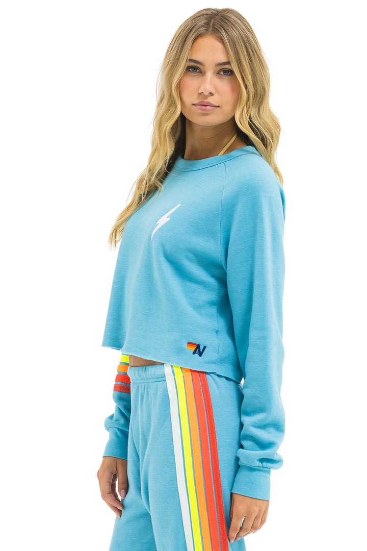 Aviator Nation Bolt Rugby Stitch Cropped Crew Sweatshirt -Aqua/ White Neon