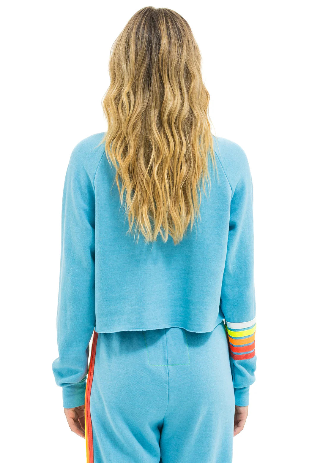 Aviator Nation Bolt Rugby Stitch Cropped Crew Sweatshirt -Aqua/ White Neon