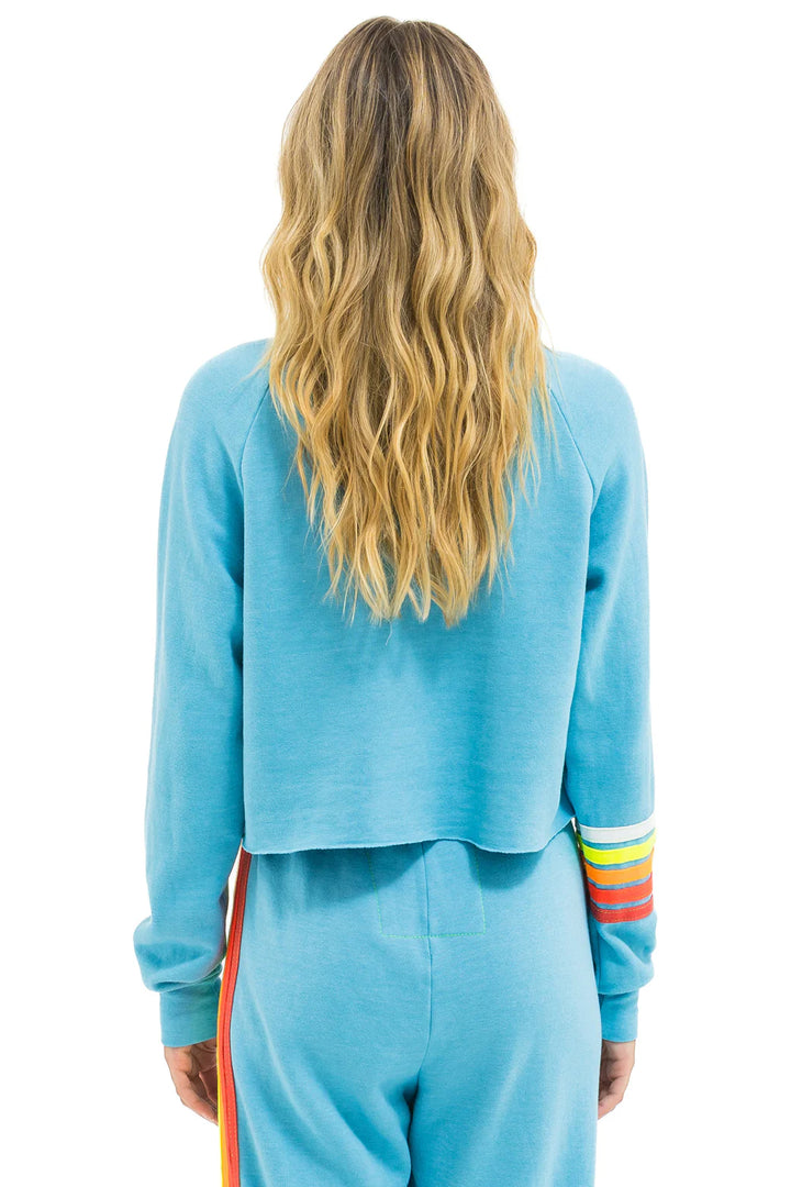 Aviator Nation Bolt Rugby Stitch Cropped Crew Sweatshirt -Aqua/ White Neon