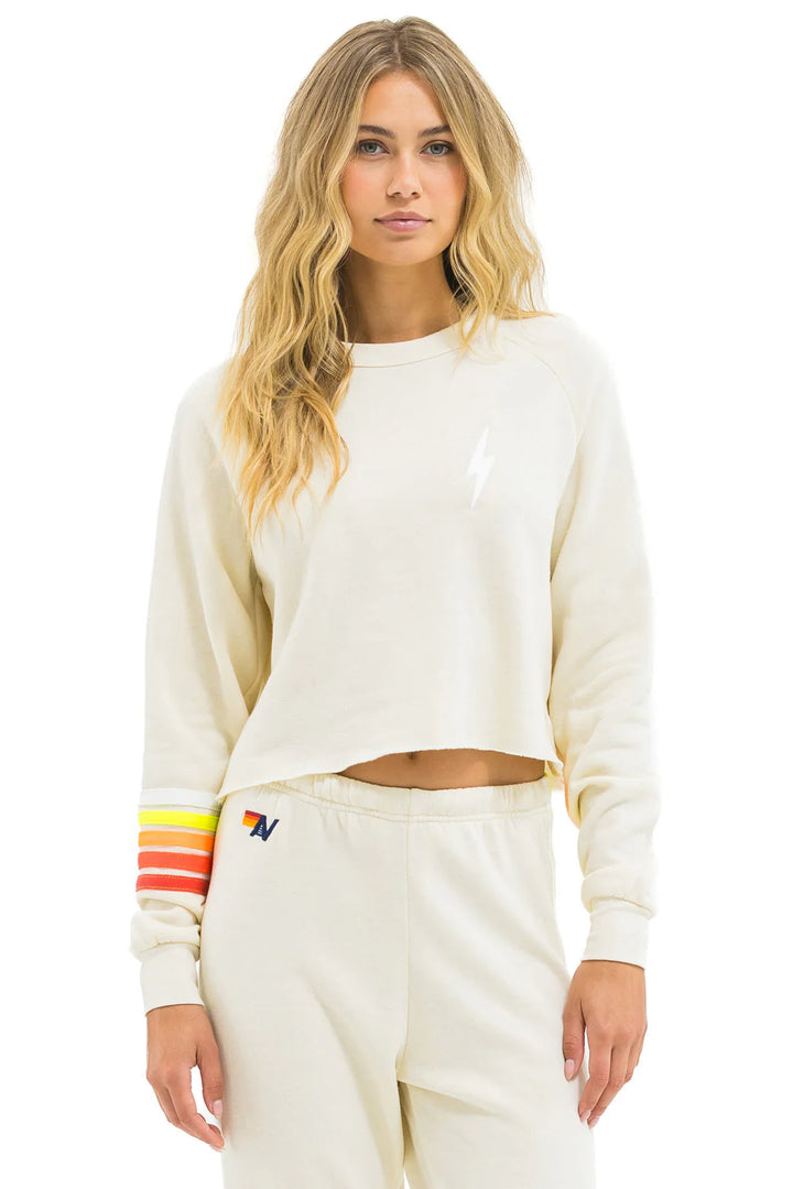 Aviator Nation Bolt Rugby Stitch Cropped Crew Sweatshirt -Vintage White/ White Neon