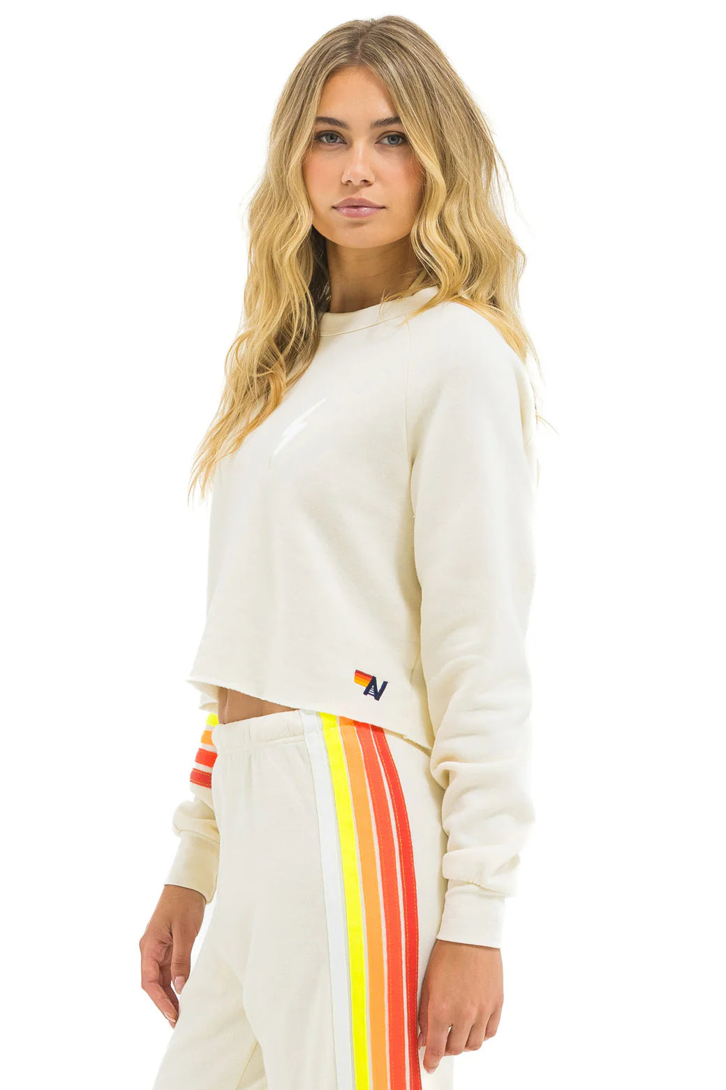 Aviator Nation Bolt Rugby Stitch Cropped Crew Sweatshirt -Vintage White/ White Neon