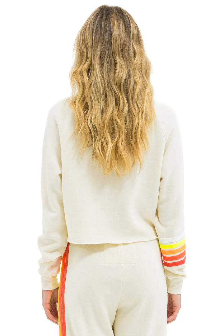 Aviator Nation Bolt Rugby Stitch Cropped Crew Sweatshirt -Vintage White/ White Neon