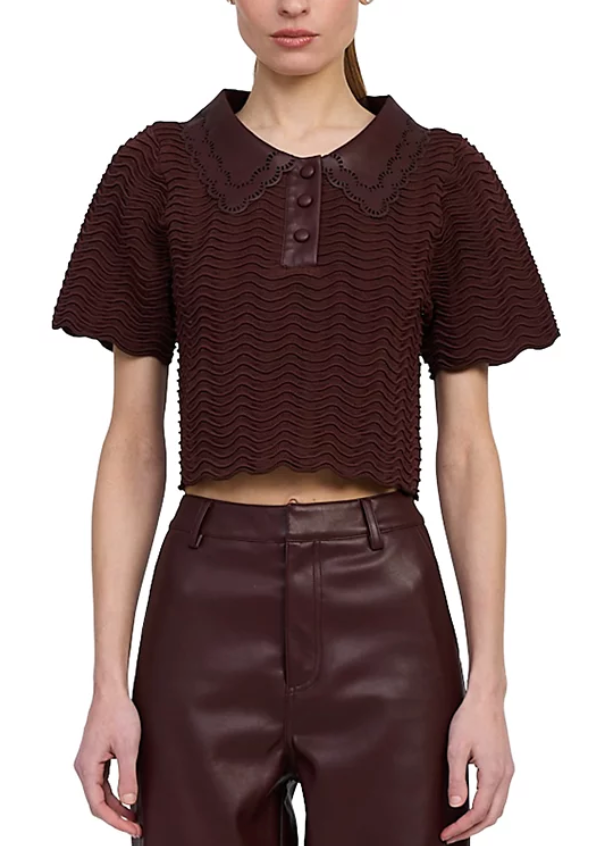En Saison Faux Leather Collar Knit Top - Plum Brown