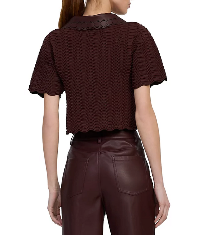 En Saison Faux Leather Collar Knit Top - Plum Brown