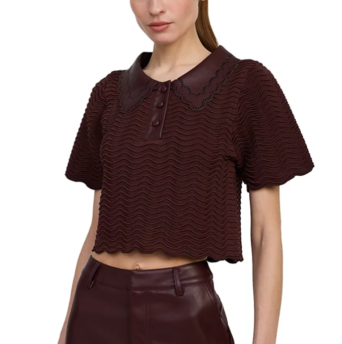 En Saison Faux Leather Collar Knit Top - Plum Brown