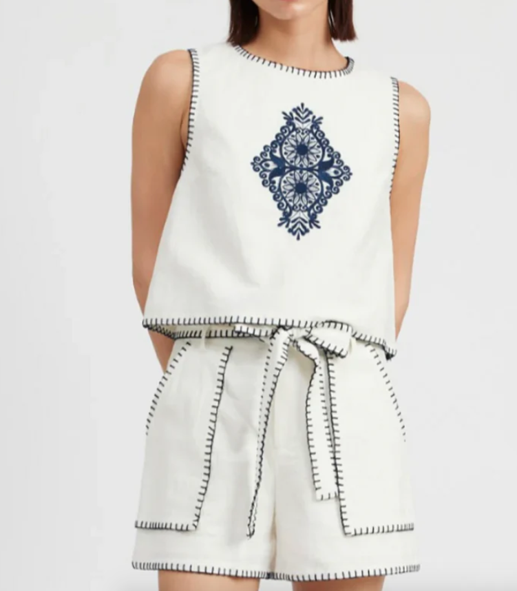 Linen Blanket Stitch Top with Embroidery