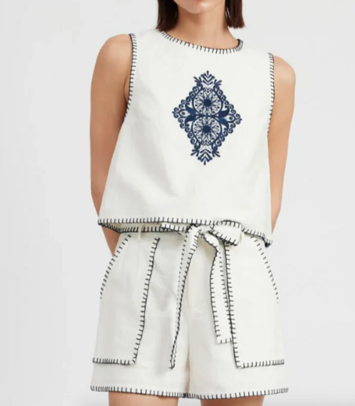Linen Blanket Stitch Top with Embroidery
