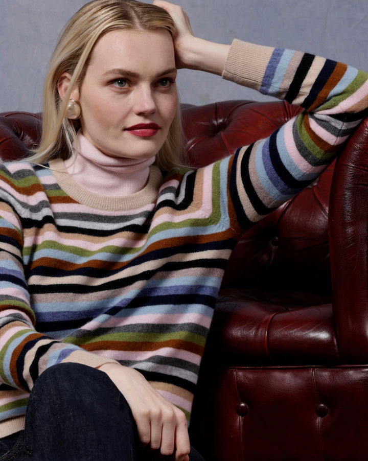 Minnie Rose Cashmere Striped Long Sleeve Crew