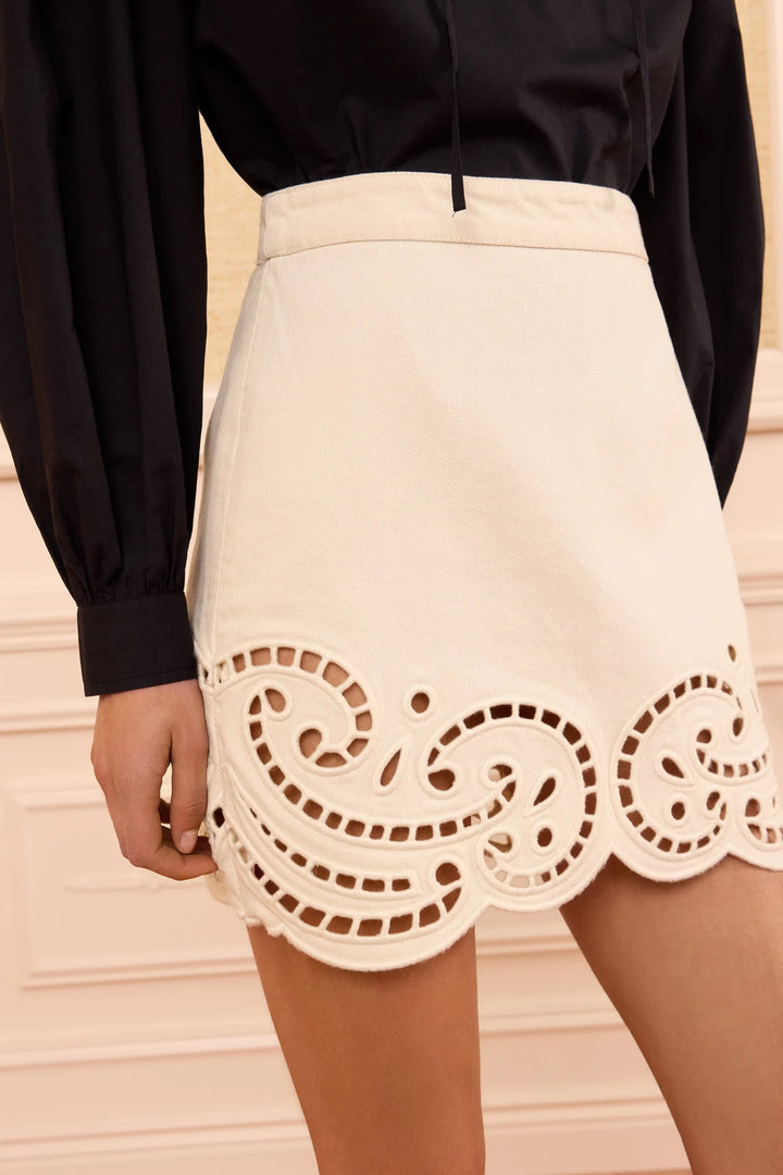 ULLA JOHNSON CADIZ EYELET DENIM SKIRT COWRIE