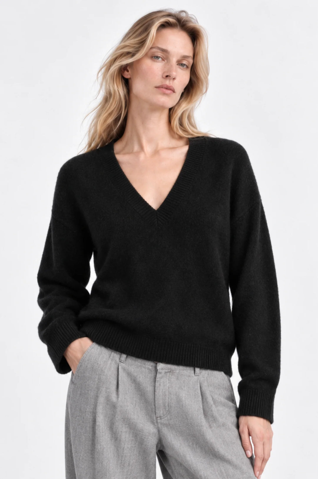 Minnie Rose Cashmere Long Sleeve Shrunken V Neck