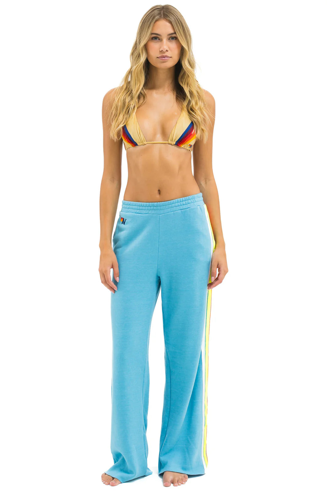 Aviator Nation 5 Stripe Wide Leg Womens Pocket Sweatpant -Aqua/White Neon