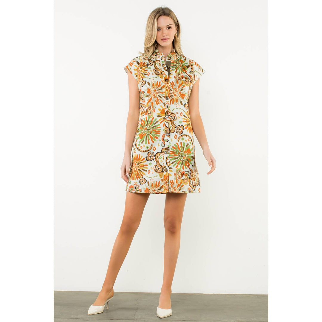 THML FTM3087 Ruffle Neck Flower Dress