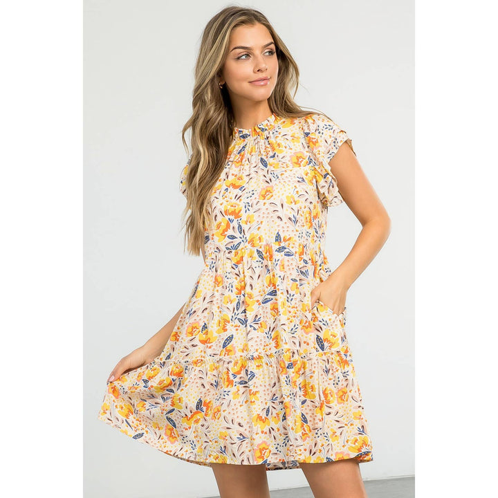 THML TM5411 Flower Tiered Dress Beige