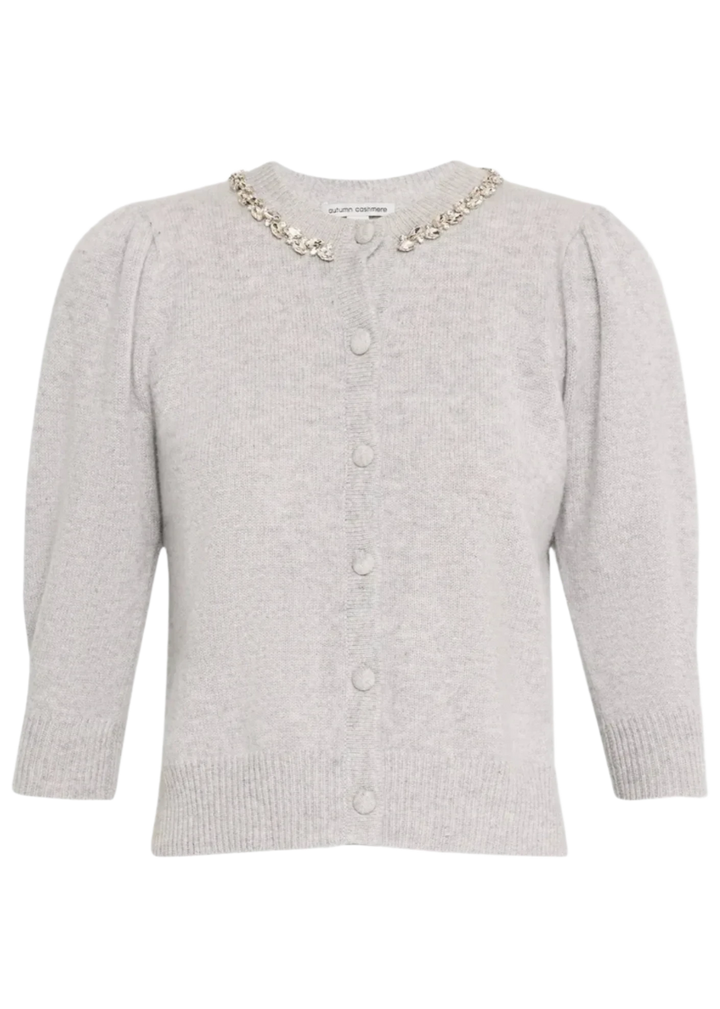 Autumn Cashmere Rhinestone Trimmed Puff Sleeve Cardigan