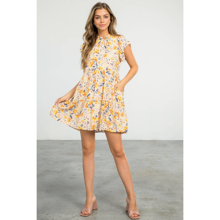 THML TM5411 Flower Tiered Dress Beige