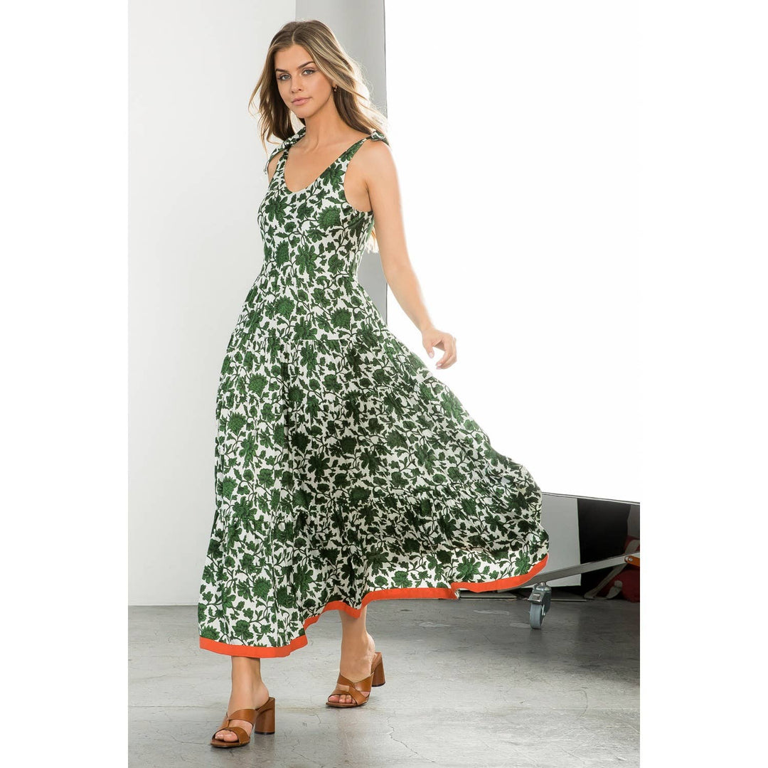 THML - Cream Sleeveless Maxi Dress with Green Floral Print