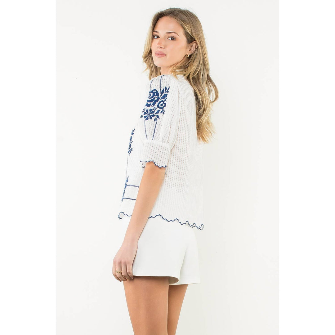 THML WCT2972 Puff Sleeve V-Neck Top