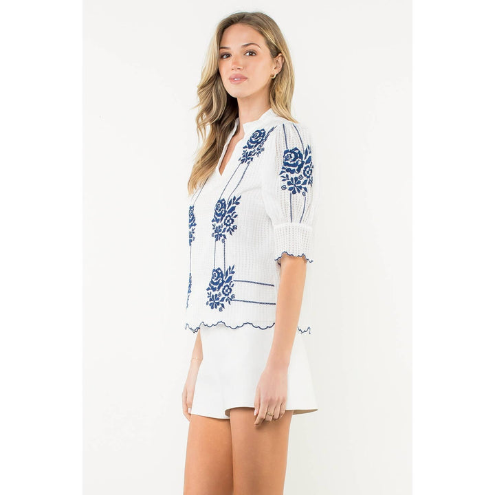THML WCT2972 Puff Sleeve V-Neck Top