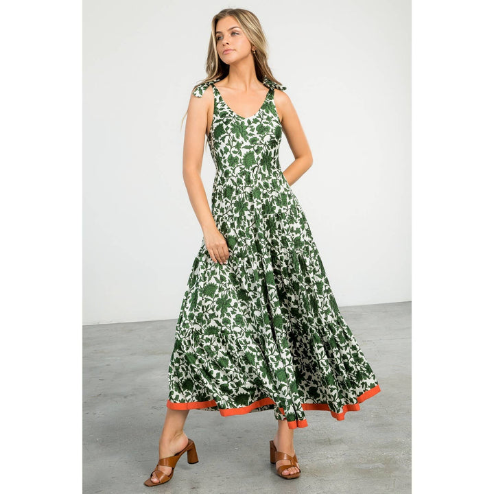 THML - Cream Sleeveless Maxi Dress with Green Floral Print