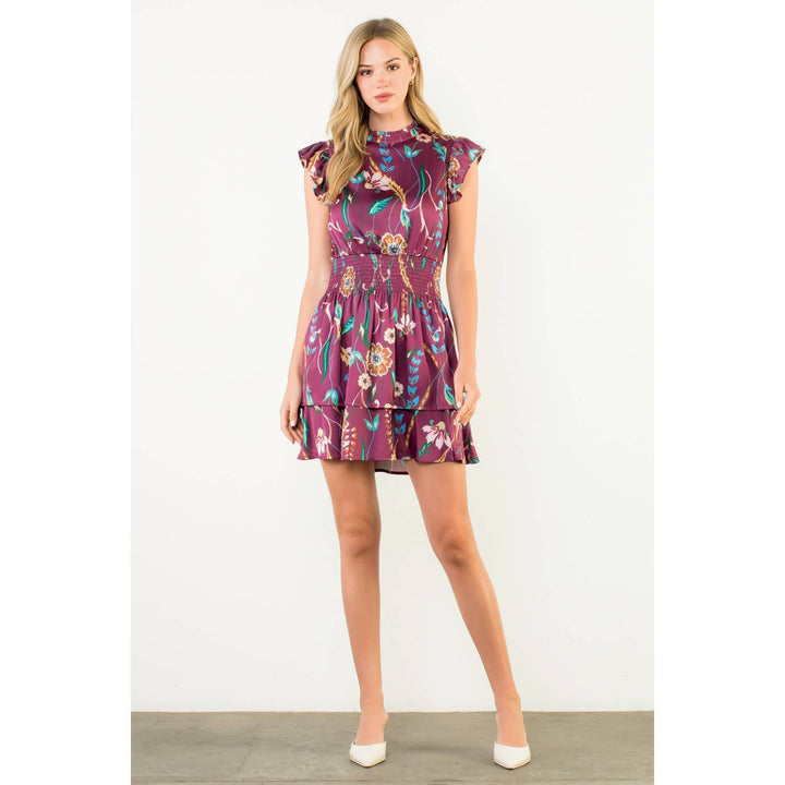 THML FTM3129 Smocked Waist Flutter Sleeve Dress Burgundy