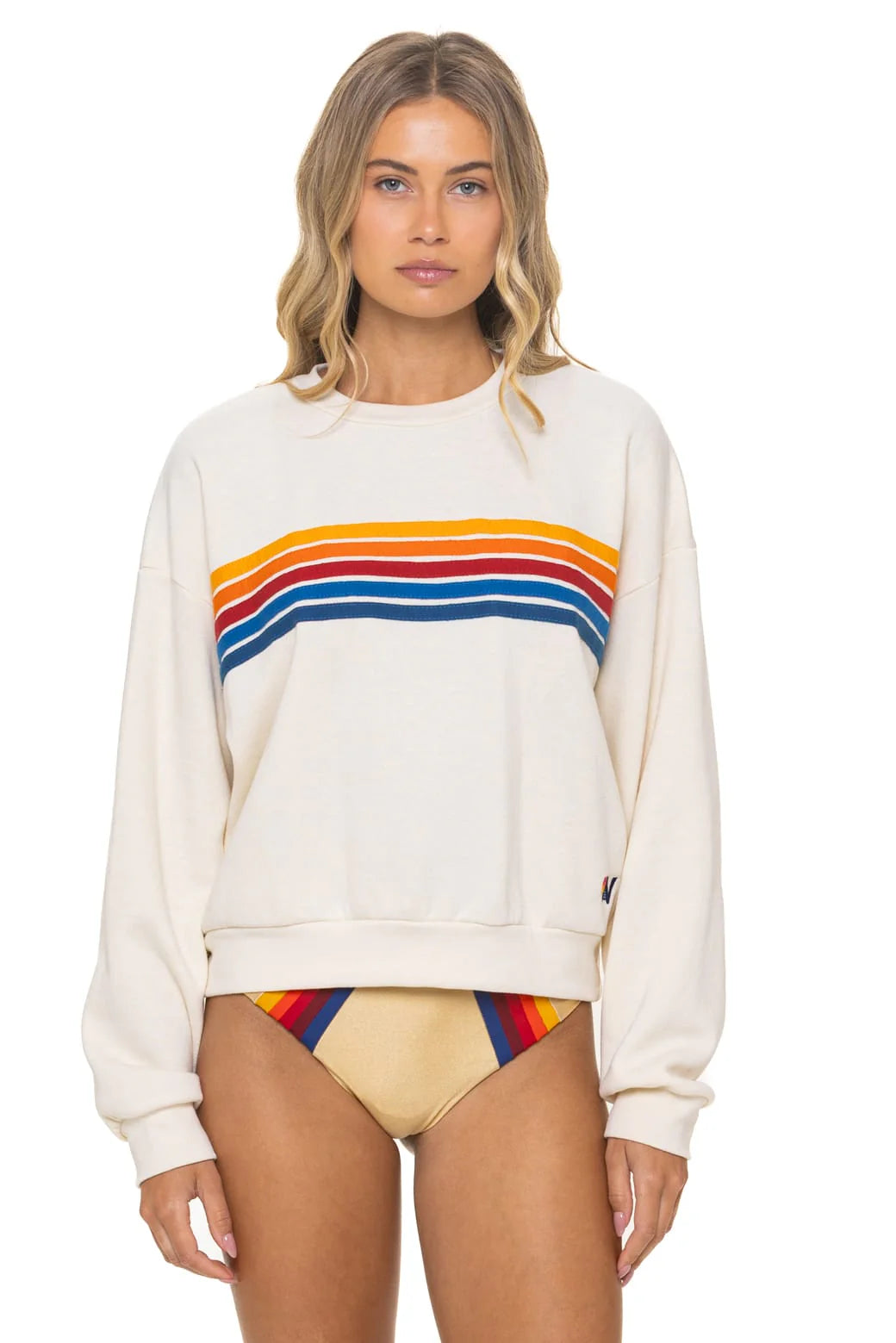 Aviator Nation 5 Stripe Relaxed Crew - Vintage White