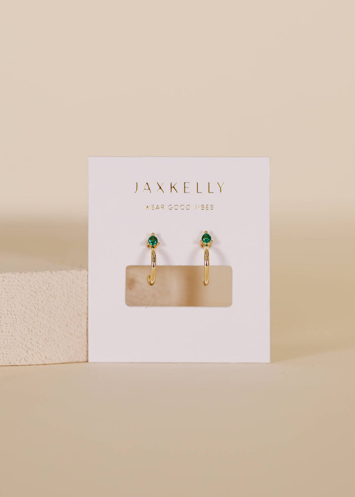 JaxKelly - Open Mini Hoop Earrings - 18k Gold - Green Emerald