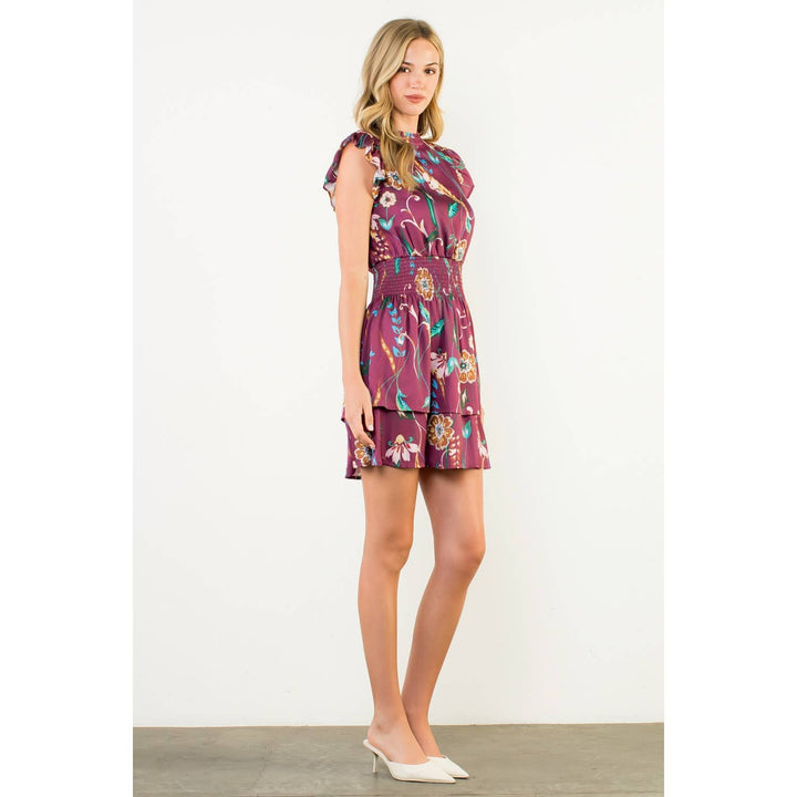 THML FTM3129 Smocked Waist Flutter Sleeve Dress Burgundy