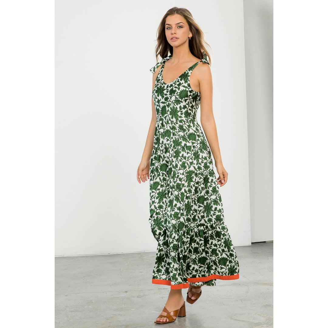 THML - Cream Sleeveless Maxi Dress with Green Floral Print